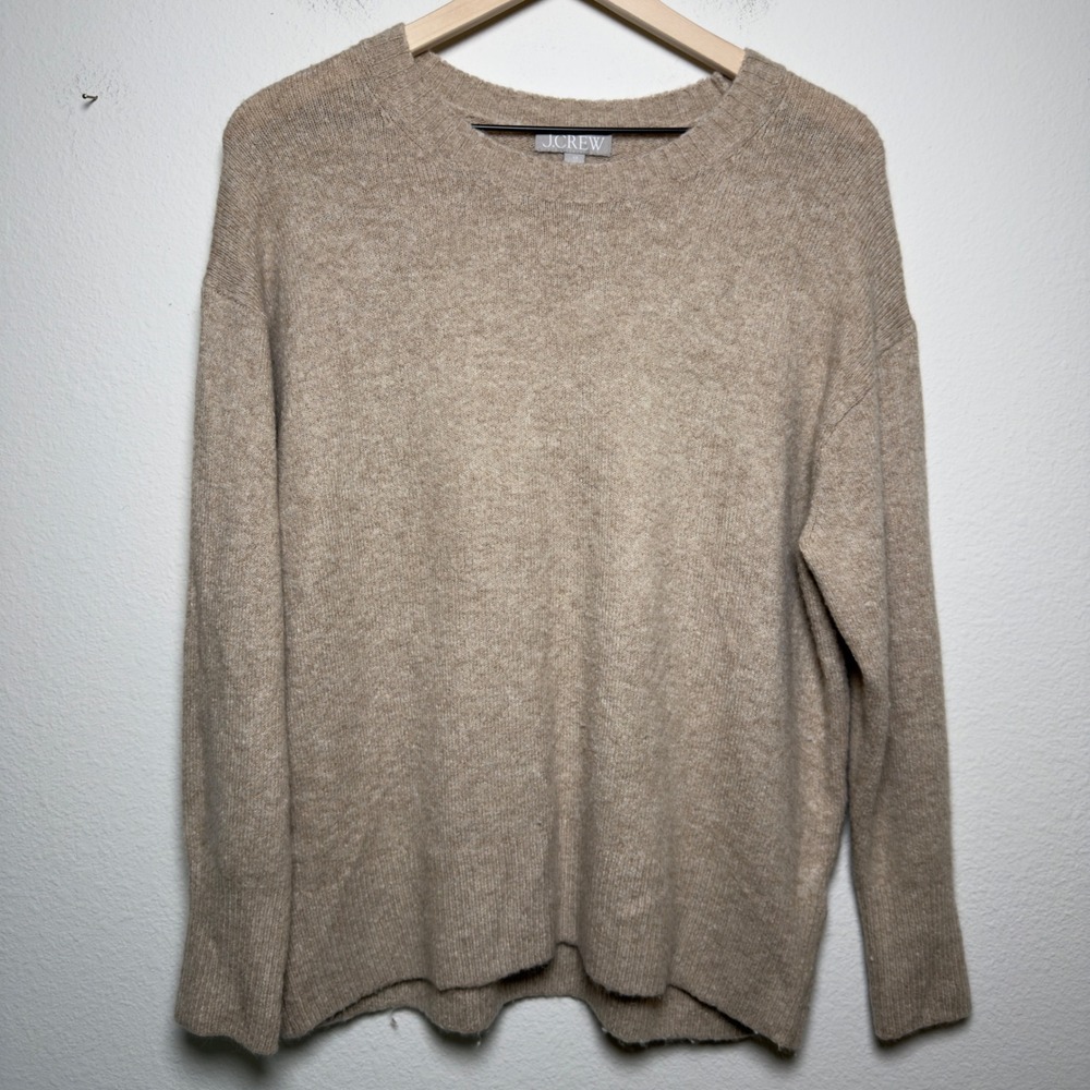 J.Crew Women Wool Alpaca Merino Sweater XS Tan Beige Crewneck Oversized Academia
